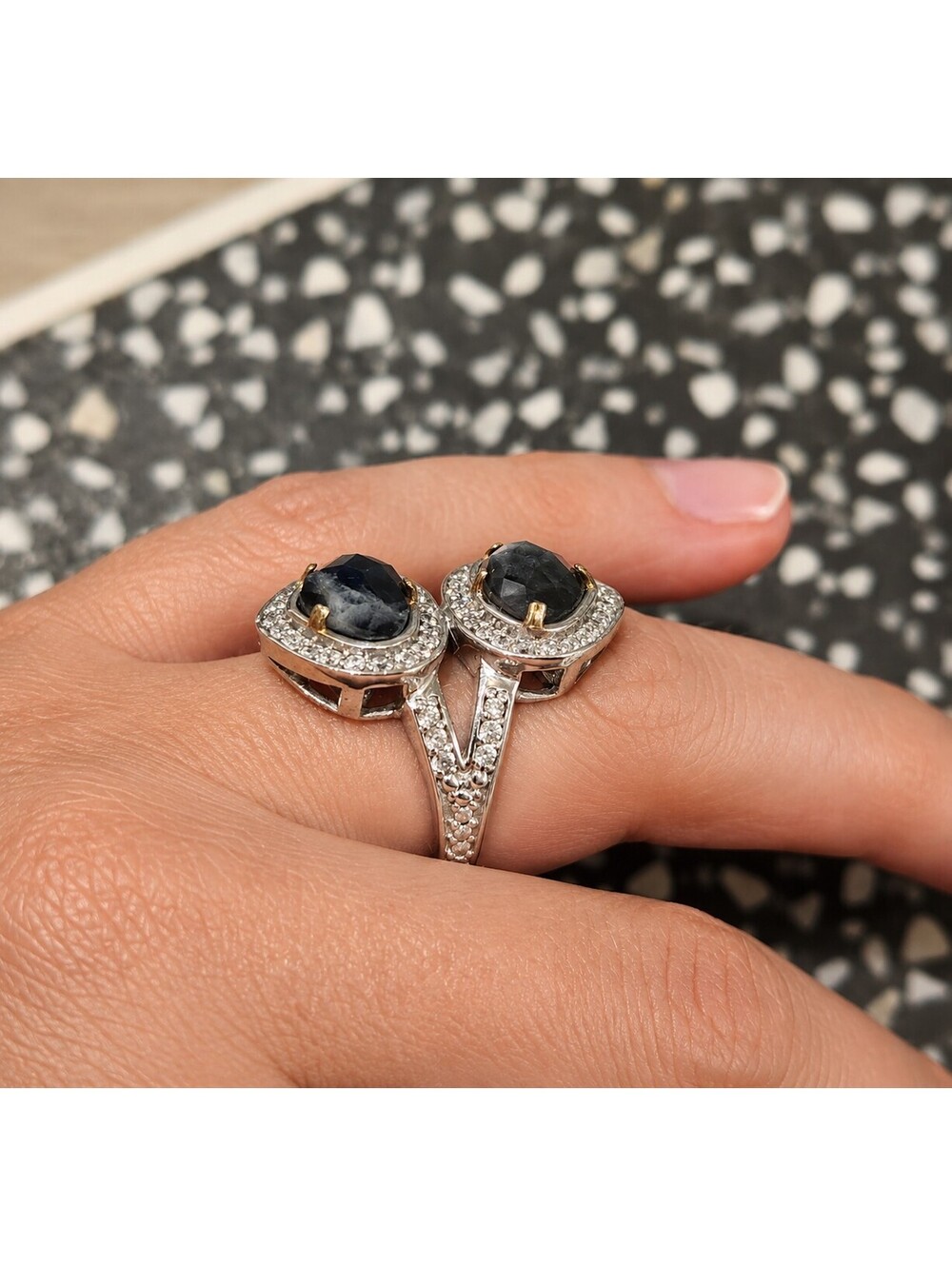NF 925 Sterling Silver Double Blue Stone Statement Cocktail Ring – Thailand